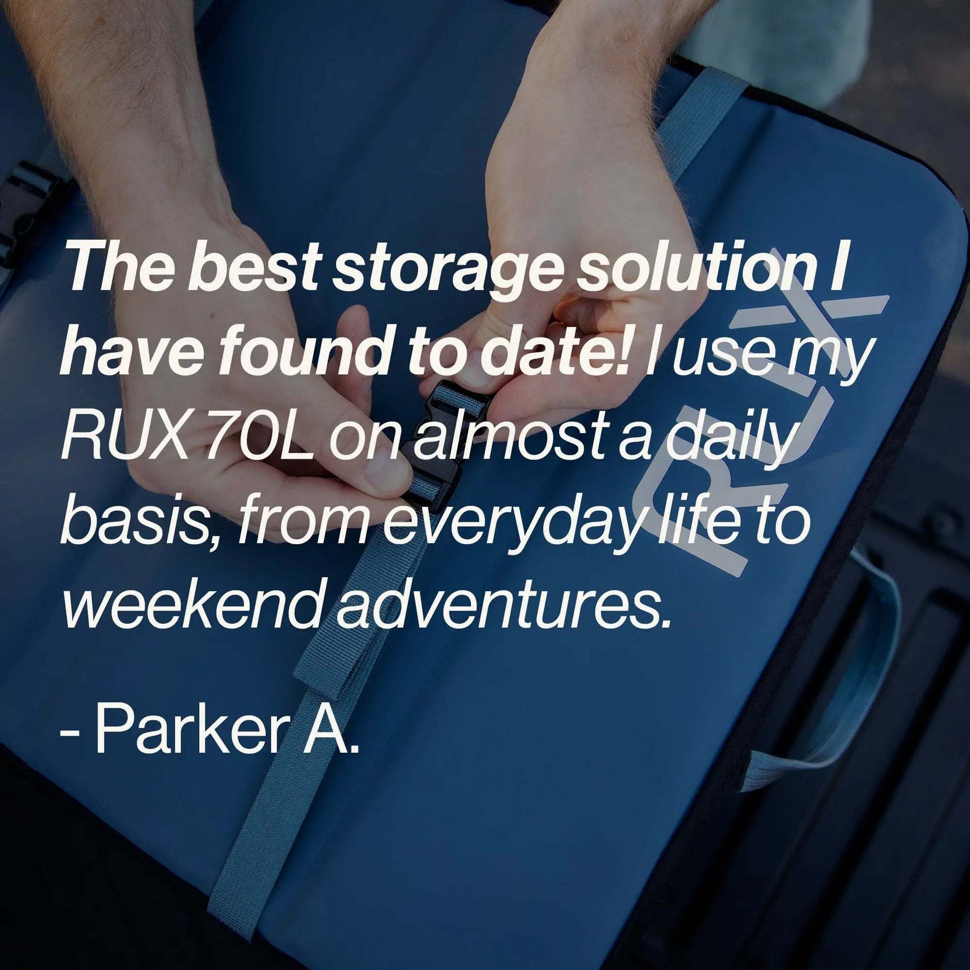 70L Storage Bag with handles being used, showcasing durability and versatility for adventure use.