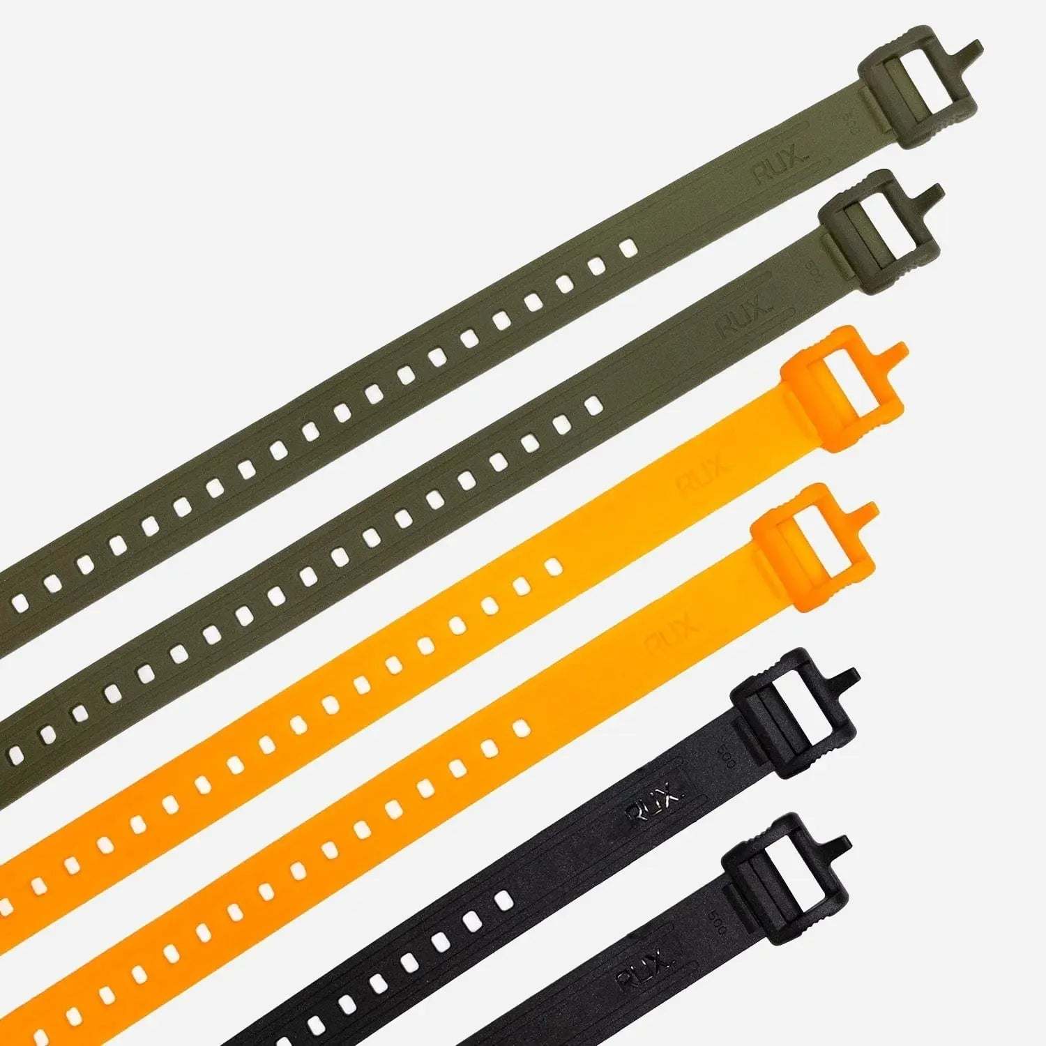 Durable RUX Utility Straps in green, yellow, and black for adventure and overland setups.