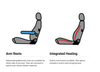 Illustration of Vario F Cloth Seats features, including arm rests and integrated heating.