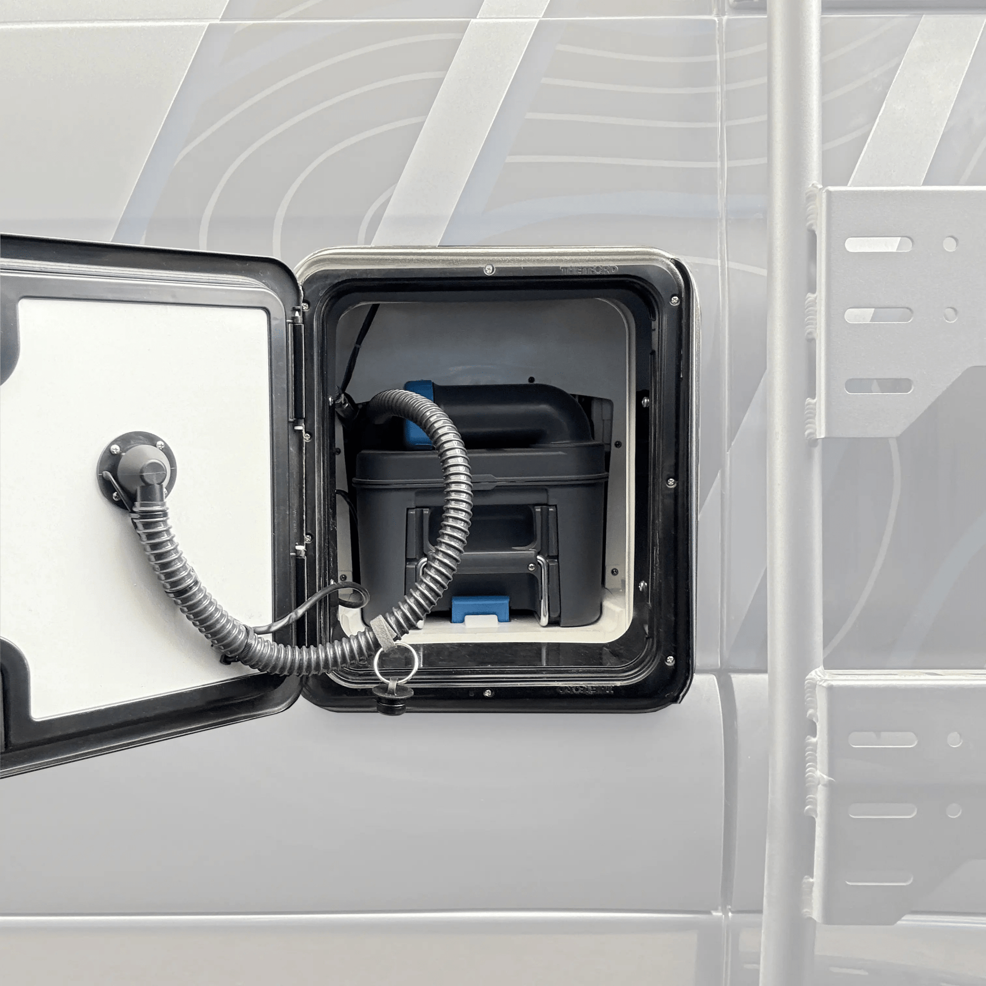 ToiletCassette Active Charcoal Vent System for off-grid living installation in vehicle.