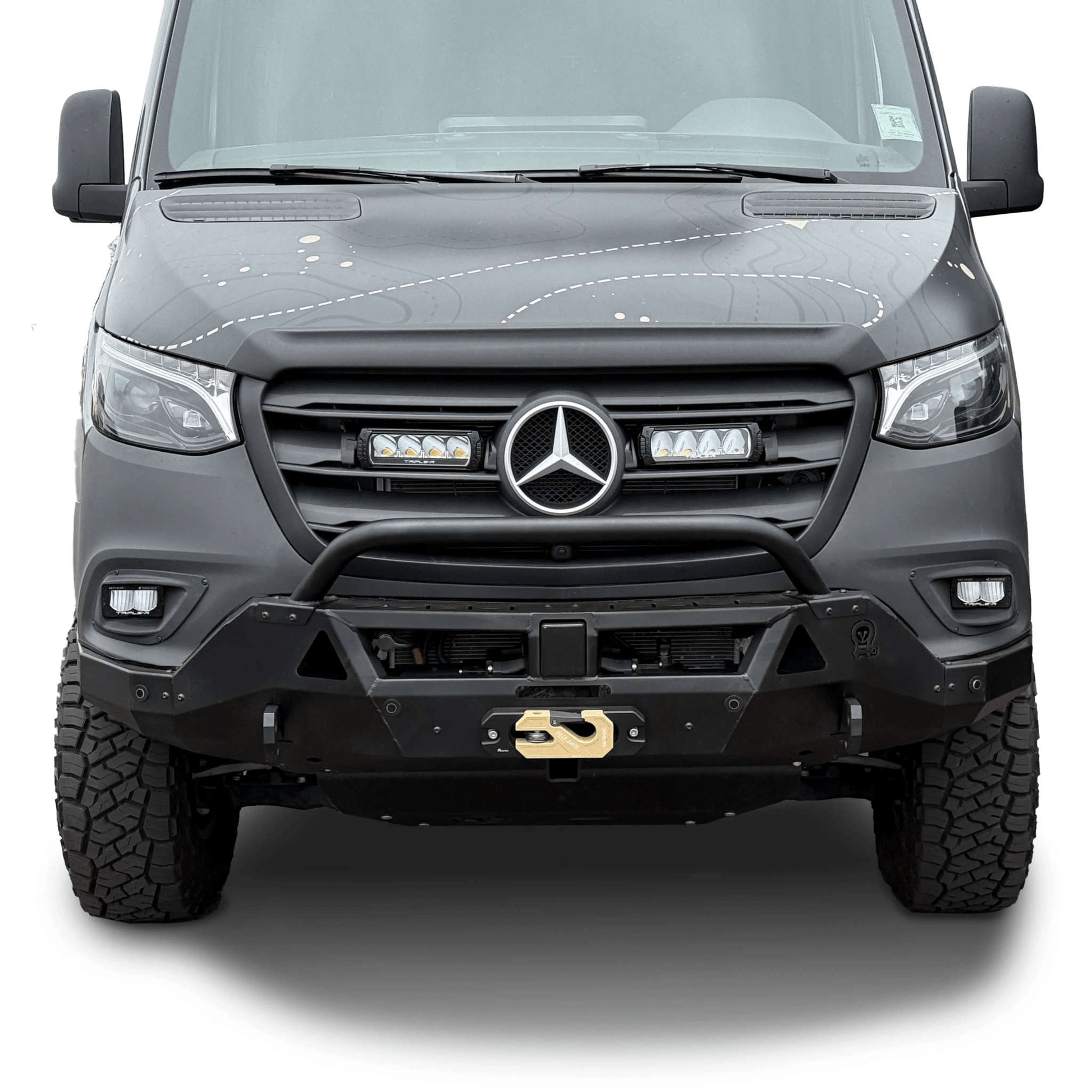 Front view of a Mercedes Sprinter van equipped with high-output SAE compliant sprinter fog lights designed for off-road and road use.