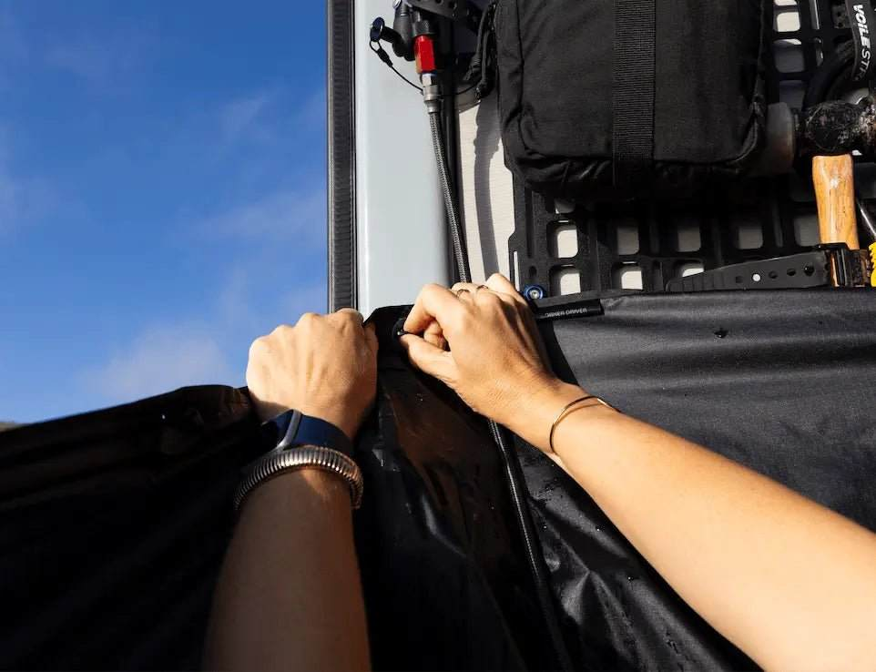 Ripstop nylon shower curtain for vanlife setup.