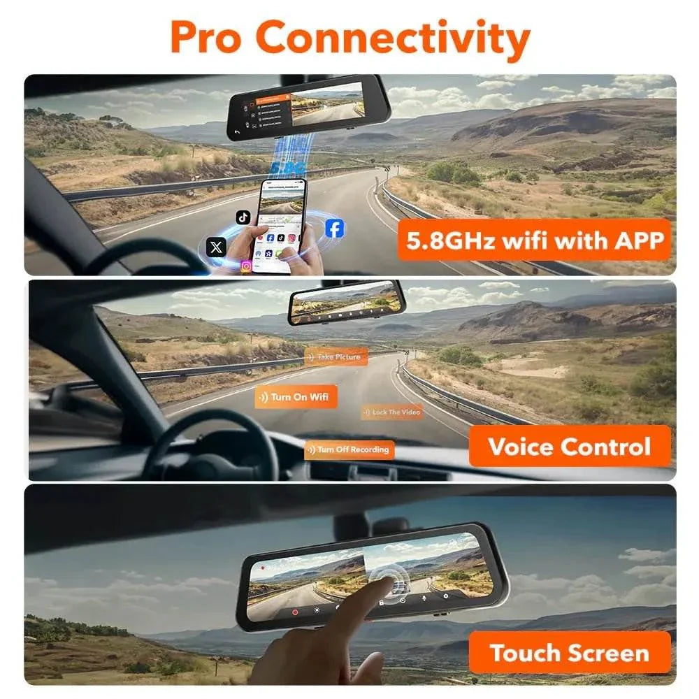G900Pro Smart Rear View Mirror with voice control, touch screen, and 5.8GHz WiFi connectivity for seamless integration.