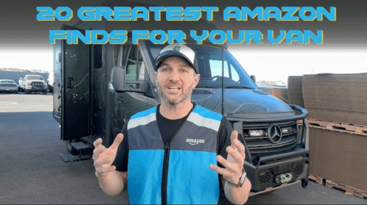 Man standing in front of a van presenting the 20 greatest Amazon finds for van adventures video.
