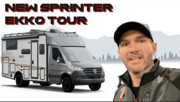 Man presenting the new Sprinter Van Ekko from Winnebago with the van shown in the background and the text 