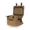 10QT Rugged Cooler by ROAM in tan color with open lid, durable and portable for daily use and adventures
