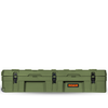 128L Rolling Rugged Case in green with steel lockable latches and rugged poly wheels for heavy-duty outdoor storage