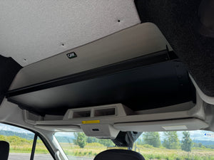 Transit Headliner Shelf with curtain rod installed inside van cabin for durable off-grid and overland use