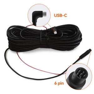 WolfBox mirror and camera harnesses with 33 feet USB-C to 6-pin rear camera replacement cable for trucks, RVs, and dashcam hardwire kits.