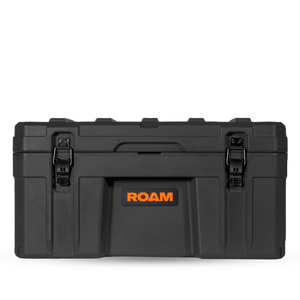 76L Rugged Case heavy-duty black storage box with lockable latches and ROAM logo