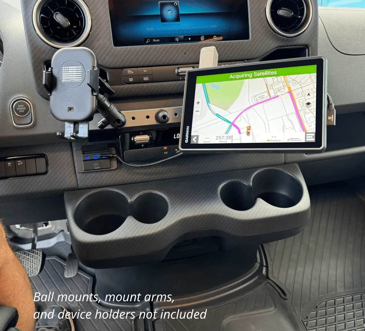 Powered Accessory Gear Rail mounted on Sprinter dashboard with phone and tablet holders, includes USB charging hub