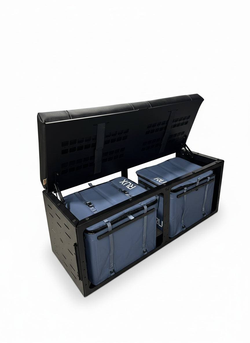 GLSS Rux bench seat with flip-up top and secure L-track mounting storage solution