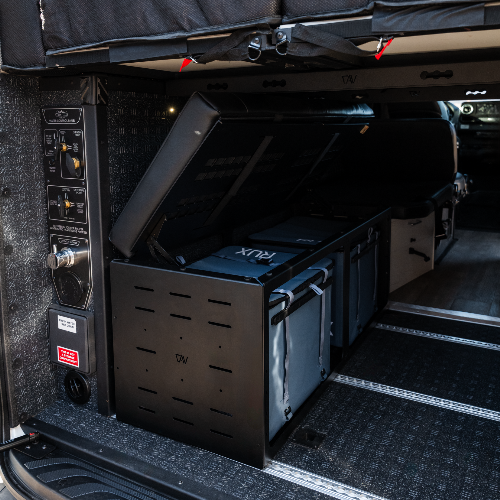 GLSS Rux secure bench seat with flip-up top and storage in vehicle floor mount