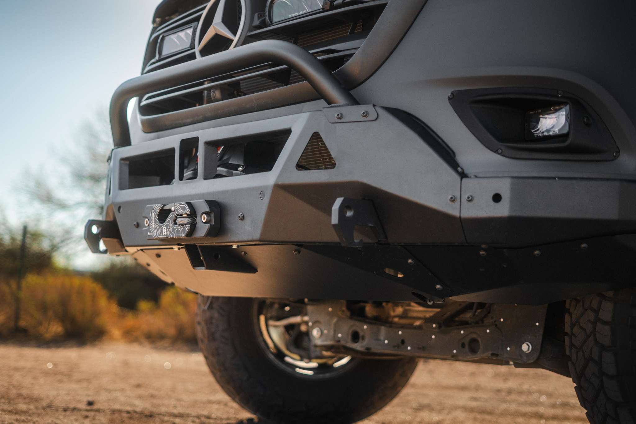 Adax Series heavy-duty steel and aluminum Sprinter bumper with winch cradle and recovery points