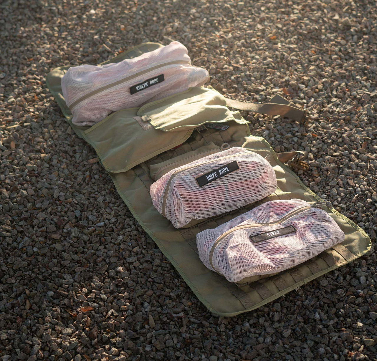 Modular MOLLE rollup bag with labeled kinetic rope, HMPE bridle
