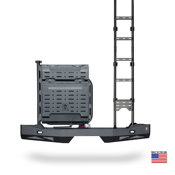 Winnebago Ekko with Owl Teton Rear Carrier System featuring swing-out spare wheel holder and aluminum Pro Ladder