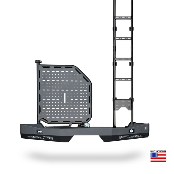 Winnebago Ekko with Owl Teton rear carrier system featuring swing-out spare wheel carrier and aluminum Pro Ladder