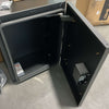 Open box large aluminum van storage box with open door showing interior and lock mechanism