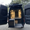 Sprinter van rear doors with CLIMA-SHADE insulated rear window covers installed for temperature control and privacy