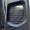 Insulated CLIMA-SHADE Sprinter rear window cover with zippered access for temperature control and privacy