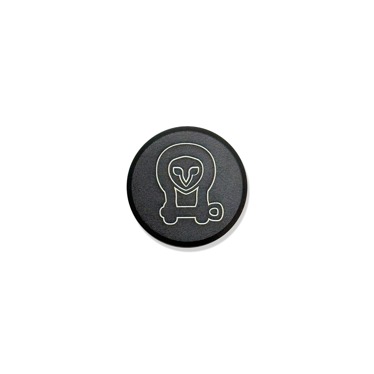 Black billet aluminum hood badge with laser-etched Owl logo for INEOS Grenadier and Quartermaster vehicles