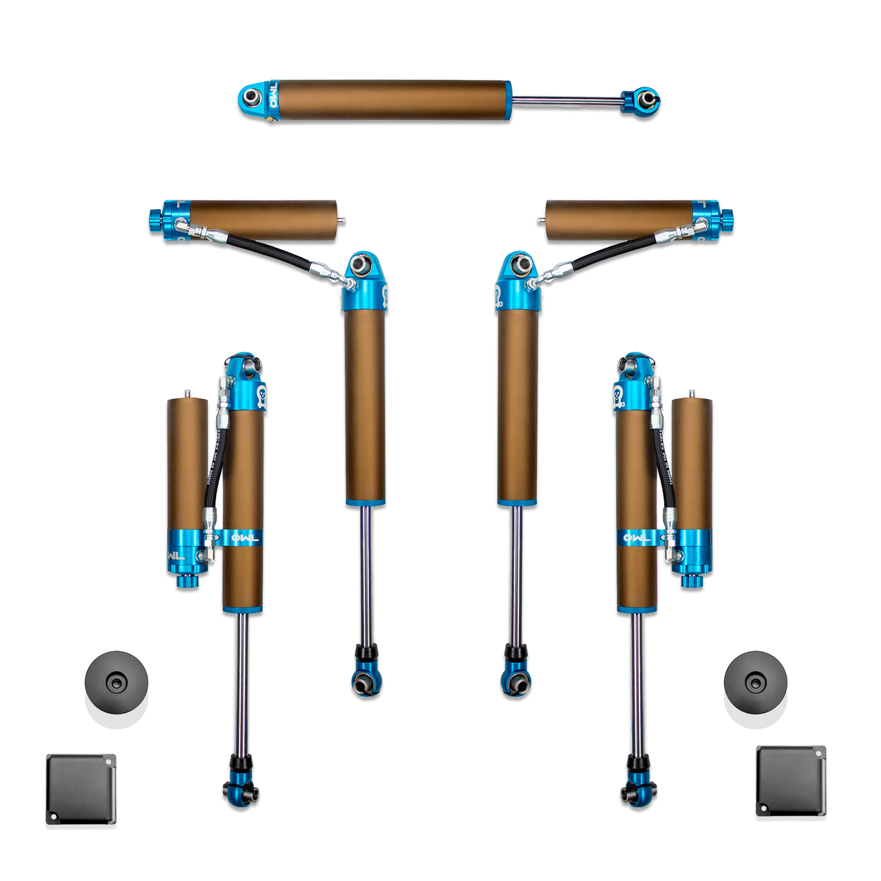 Grenadier Suspension - Owl 4-inch Lift TrailFlo Suspension system with blue and bronze shocks and components for INEOS