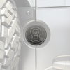Machined aluminum rear door emblem with laser engraving on Sprinter van near oversized tire