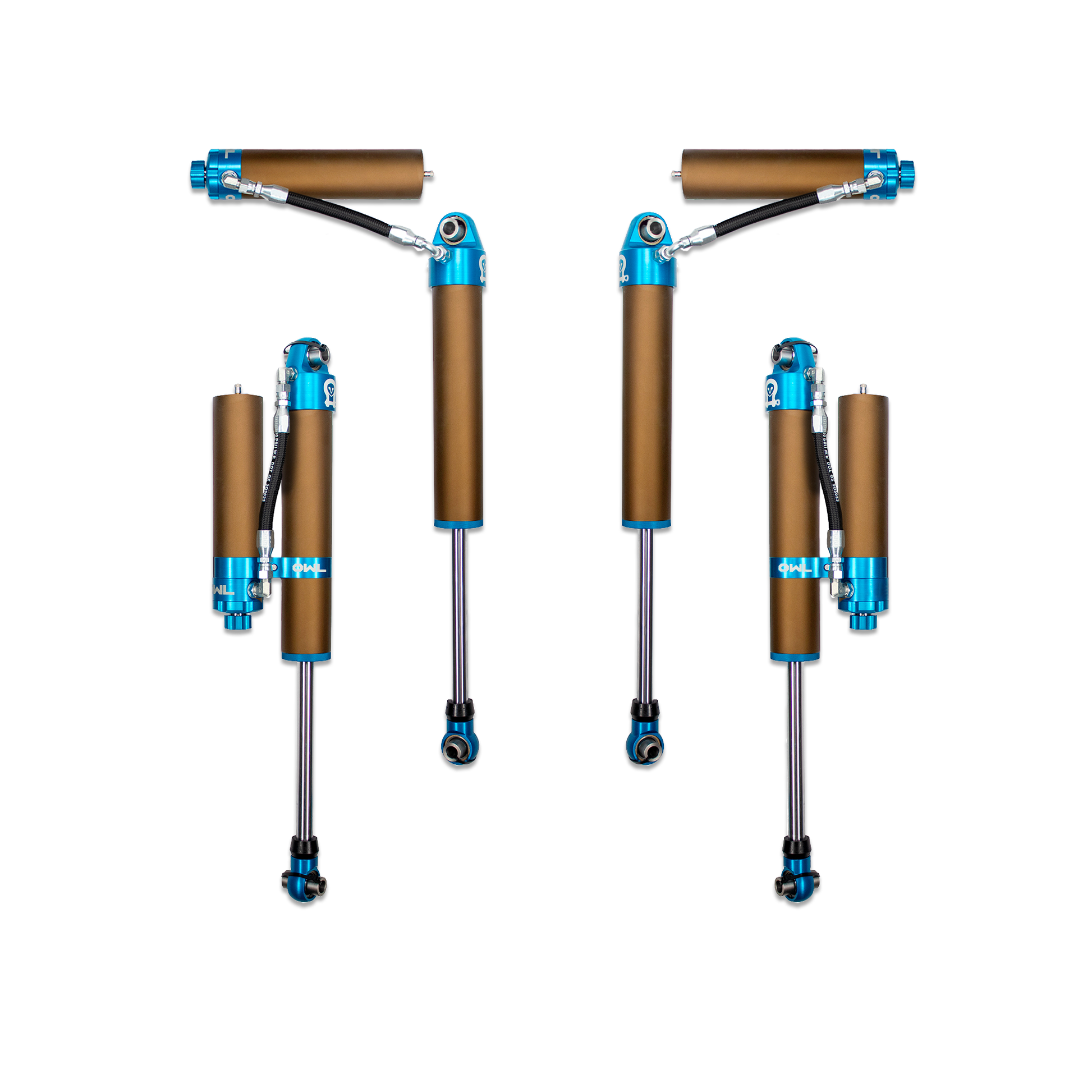 Grenadier Suspension - Owl 4" Lift TrailFlo Suspension shocks with reservoir for INEOS Grenadier and Quartermaster, blue and bronze high-performance off-road parts