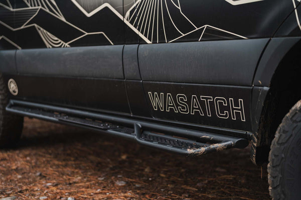Owl x VanCraft Wasatch Halo Sprinter van side view with unique wrap and rugged off-road features