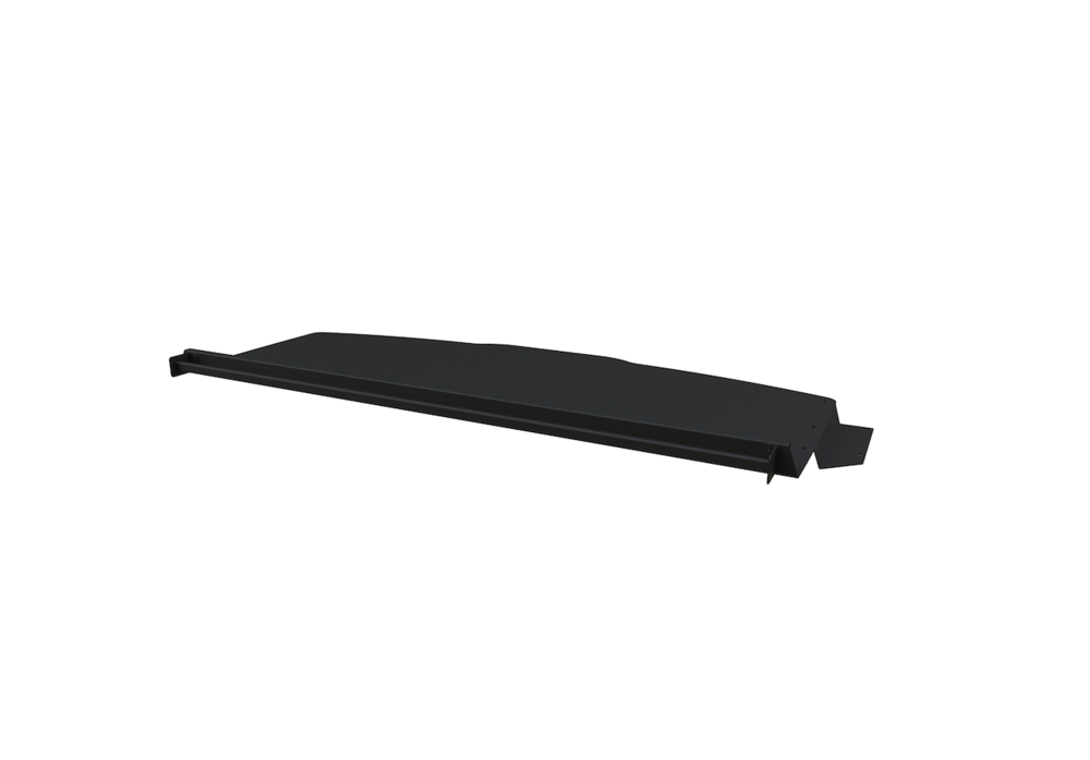 Black Transit Headliner Shelf with integrated curtain rod for durable van storage and organization