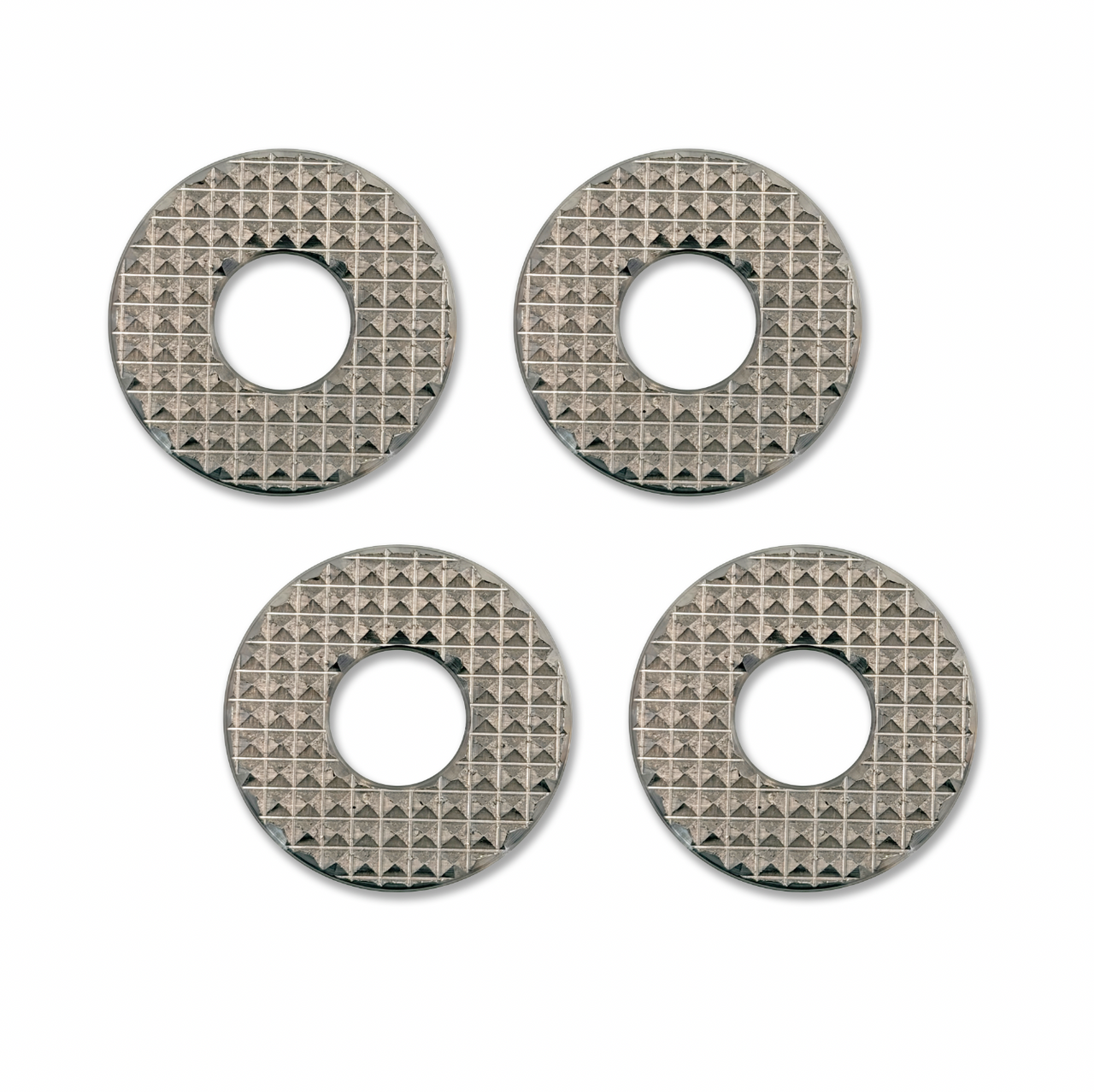 Set of four Rally Strut Waffle Washers with precision-machined teeth for off-road suspension stability