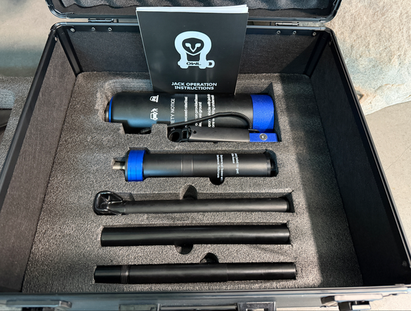 Sprinter Van Jack high performance bottle jack kit with black and blue components in foam case and instruction manual