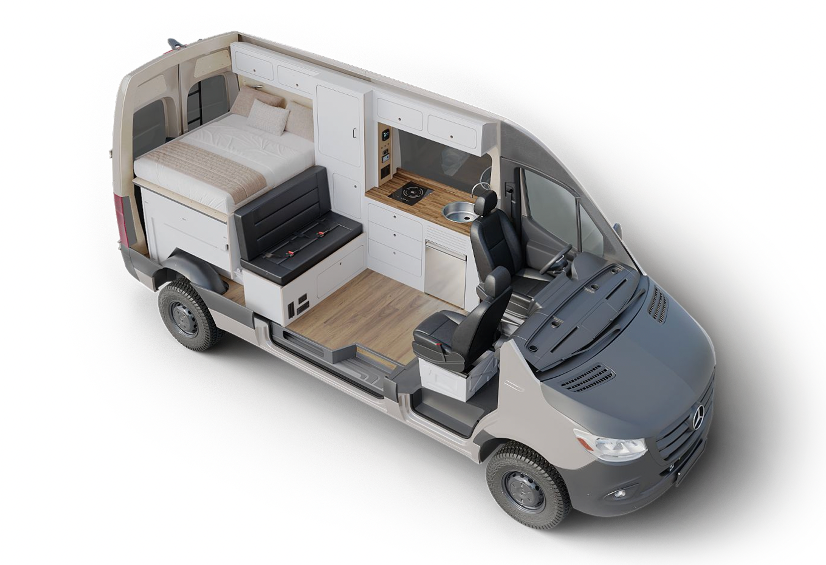 Owl x VanCraft Wasatch Halo Sprinter van interior layout with bed, kitchen, and seating area