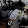 Revel Console Table in Carbon Black installed in van front cabin with laptop surface and cup holder