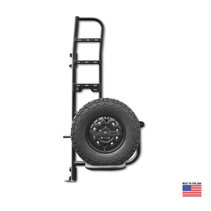 Ford Transit spare tire carrier with integrated ladder, lightweight aluminum and stainless steel, fits up to 35" tire