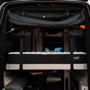 ULTRA Luxe Mattress installed in a van, showcasing a thick, comfortable home-quality mattress designed for REVEL '19 - '24, TERRAIN, LAUNCH models