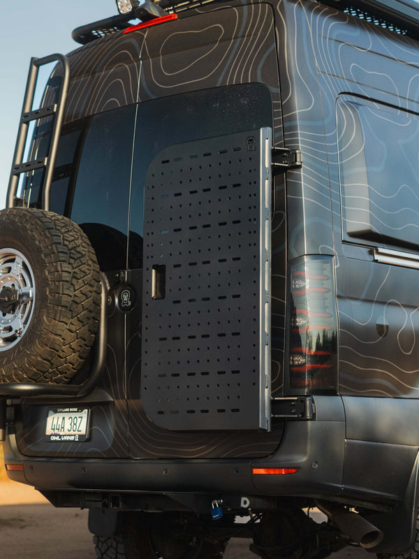Rear door Sprinter van equipped with Owl B2 Classic Sprinter Bike Rack and Box Carrier for secure transport of bikes and cargo boxes