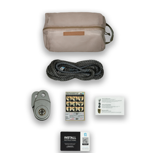 Overland Winch Recovery Kit with MOLLE-compatible bag, 40ft synthetic winch line extension, SX-20000G pulley block, and user guide for safe winching