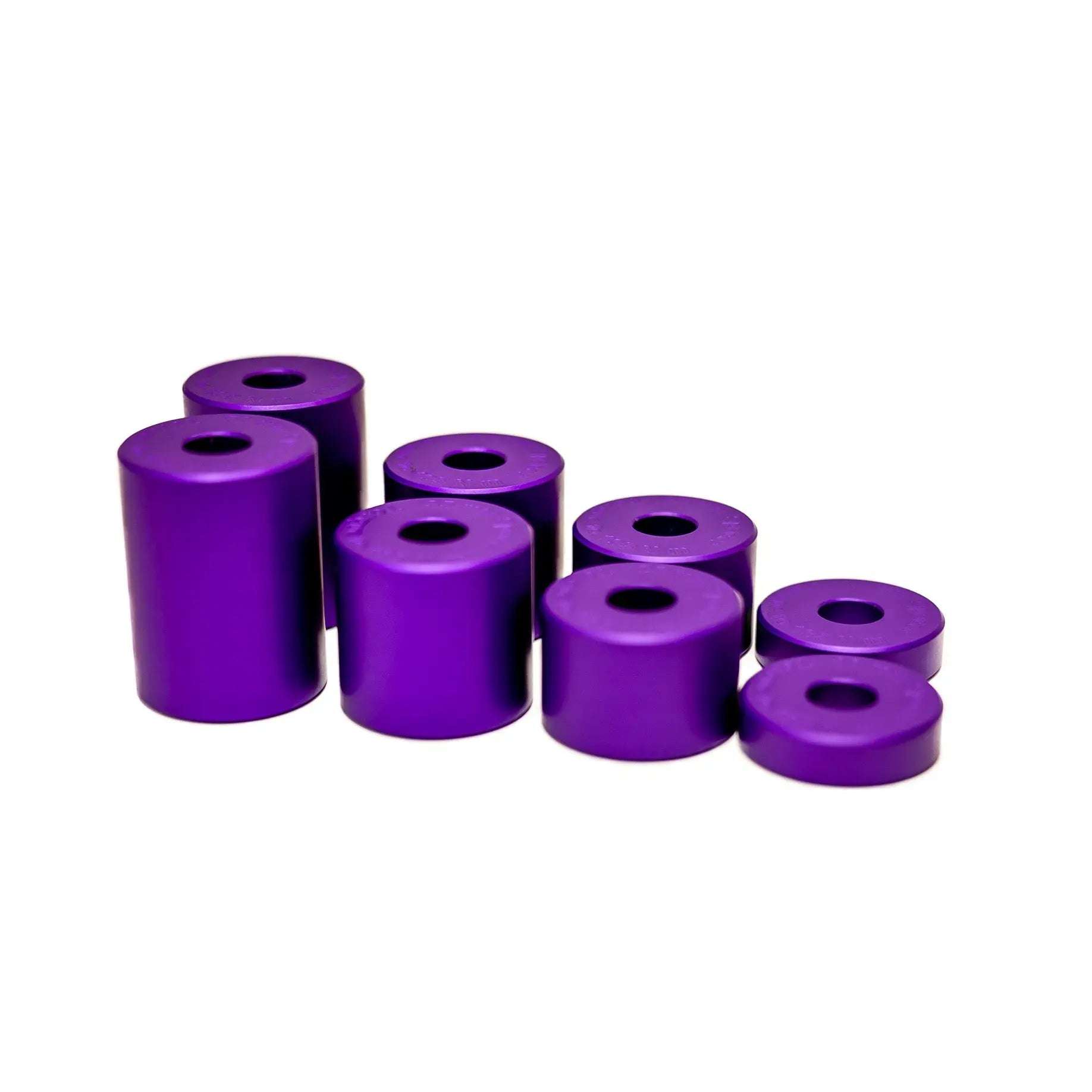 Purple CNC-machined driveline spacers for lifted Sprinters.