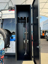 Black van storage box with skis and poles inside for secure outdoor gear storage