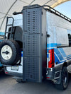 Van storage box mounted on rear of van for ski, snowboard, and golf gear storage