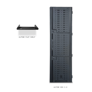 Black Alpine van storage box 2.0 with flat shelf for skis, snowboards, golf, and fishing gear storage