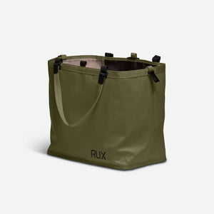 Olive green RUX 25L versatile storage bag with handles and black clips for easy packing and nesting inside RUX 70L bag