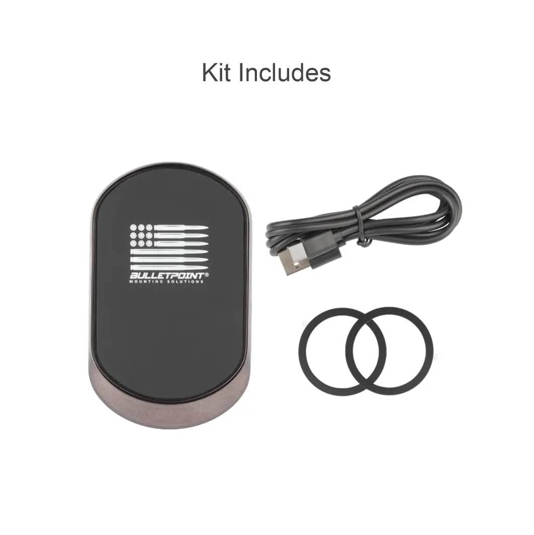 MagSafe compatible wireless phone charger kit with USB cable and two rubber rings.