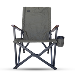 Olive ergonomic camp chair with adjustable features and cup holder for outdoor use
