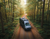 Winnebago Ekko camper van equipped with Ekko Roof Rack Teton Edition driving on forest dirt road