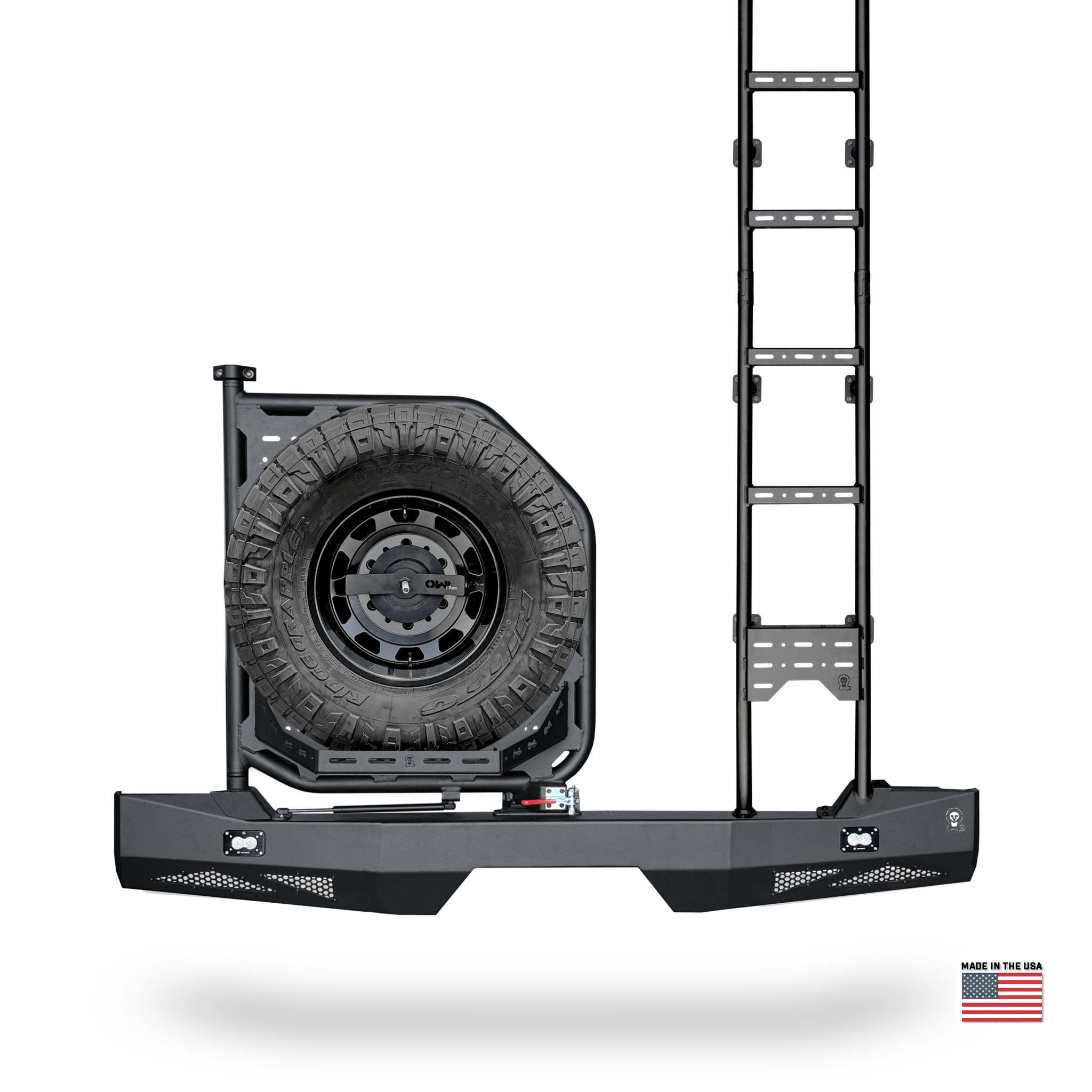 Owl Teton Series rear carrier system with swing-out spare wheel carrier and aluminum ladder on Winnebago Ekko