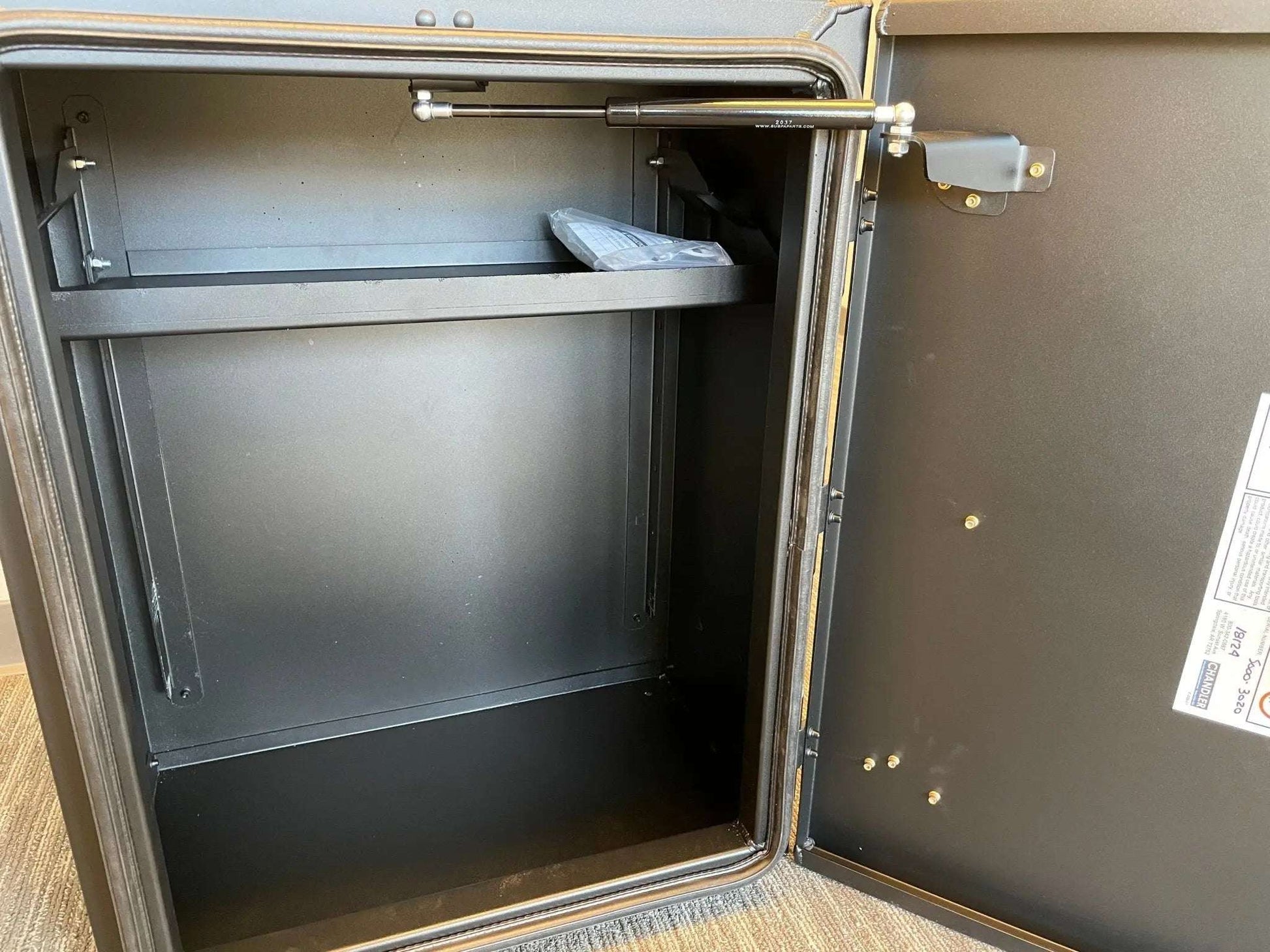 Expedition Box - Large, open view showing adjustable internal shelf and gas strut, black powder coat finish.