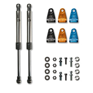 Sprinter Hood Strut Kit with stainless steel struts and anodized aluminum mounts in blue, orange, and black colors with installation hardware