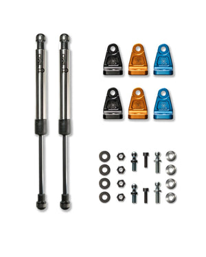 Sprinter Hood Strut Kit with stainless steel struts and anodized aluminum mounts in blue, orange, and black colors with installation hardware